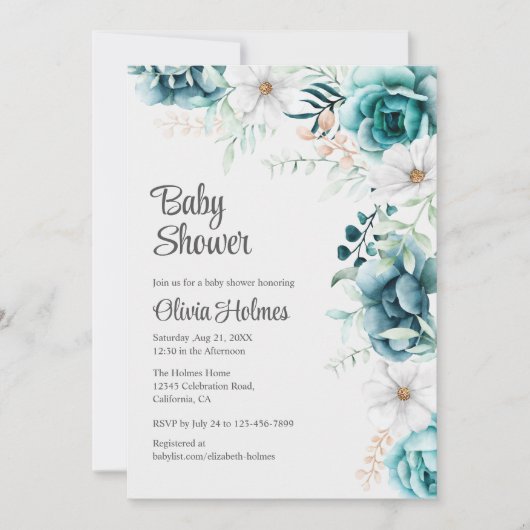 Gebroken wit en Blauwgroen bloemig Baby shower Kaart (Voorkant)