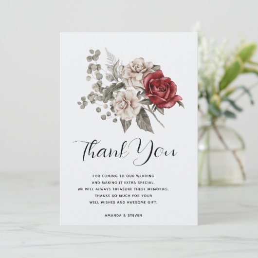 Gebroken wit & rode rozen bloemboeket dank u bedankkaart (Staand voorkant)