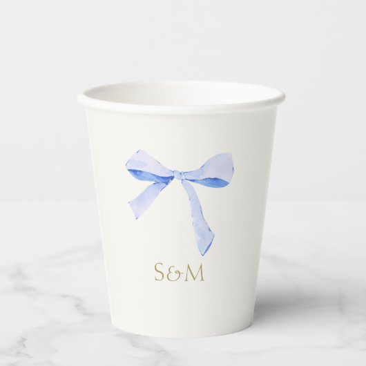 Gebroken wit | Trendy Blue Ribbon Trouwpapier Cup Papieren Bekers (Voorkant)