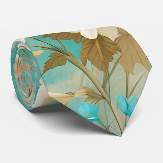 Gebroken wit Turquoise Bloemen Stropdas (Opgerold)