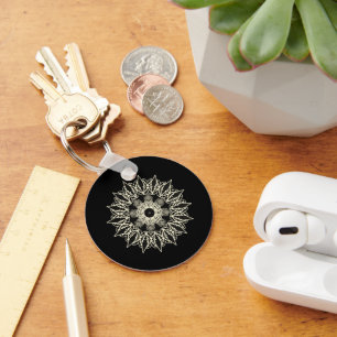Gebroken witte geometrische kant mandala sleutelhanger