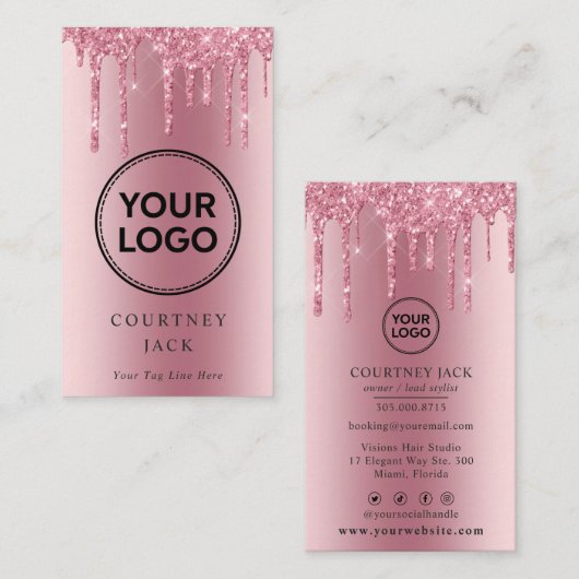 Gebruik uw eigen Logo roze metalen glitter Visitekaartje (Voorkant / Achterkant)