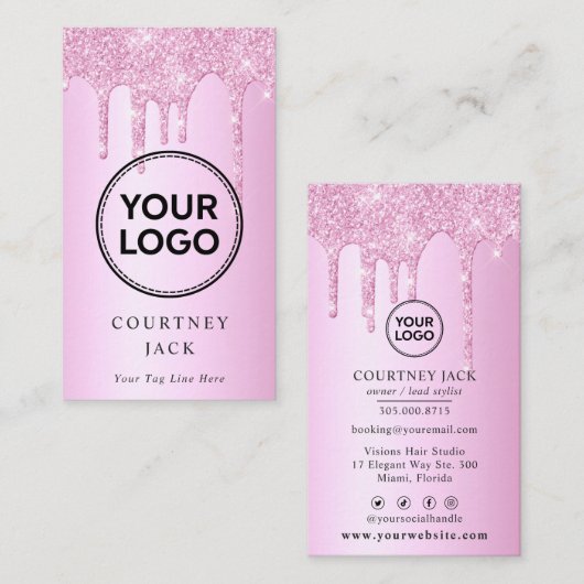 Gebruik uw eigen Logo roze metallische glitter Dri Visitekaartje (Voorkant / Achterkant)