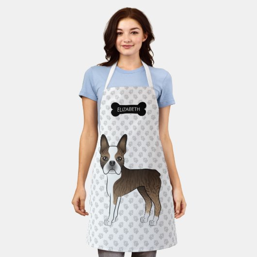 Gebruinde Boston Terrier Cartoon Hond & Aangepaste Schort (Gedragen)