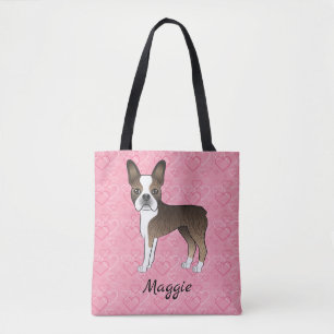 Gebruinde Boston Terrier Hond Op Roze Harten Tote Bag