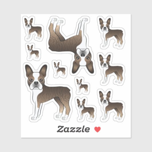 Gebruinde En Witte Boston Terrier Moppige Cartoon Sticker (Vel)