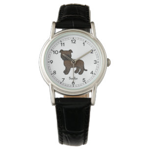 Gebruinde Engelse Staffie Schattige Cartoon Hond & Horloge