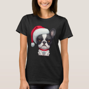 Gebruinde Pied Franse Bulldog in Kerstmuts Kerstmi T-shirt
