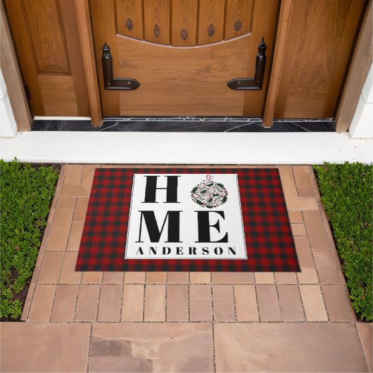 Gebufferde geruite ornament "Thuis" gepersonalisee Deurmat (Buiten)