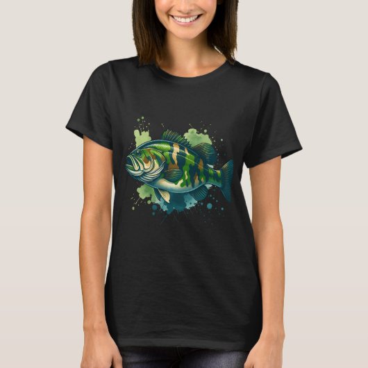 Gecamoufleerde grootbekbaars met spat effect t-shirt (Voorkant)