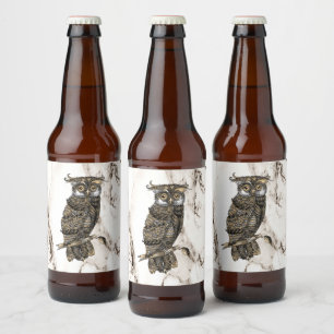Gecamoufleerde uil op bruine marmer bier etiket