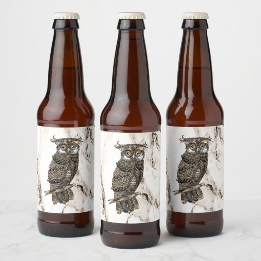 Gecamoufleerde uil op bruine marmer bier etiket (Flessen)