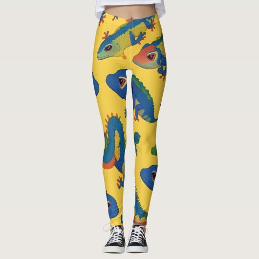 Gecko Blauw Retro Kleurrijk Gepersonaliseerd Patro Leggings (Voorkant)