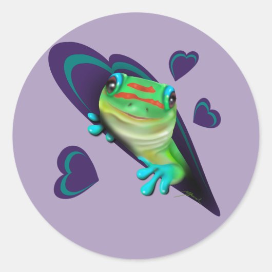 Gecko en harten ronde sticker (Voorkant)