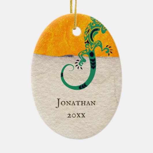 Gecko Lizard op Stone en Stucco Keramisch Ornament (Achterkant)