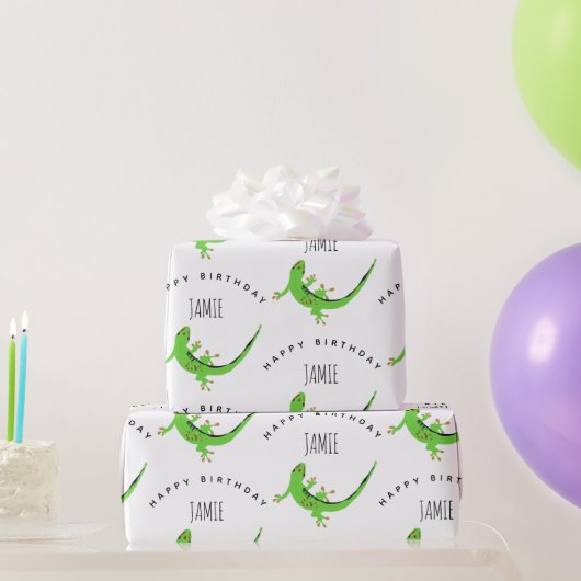 Gecko Lizard Reptile Birthday Custom Name Cadeaupapier (Feestgeschenken)