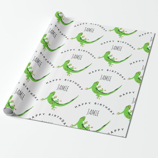 Gecko Lizard Reptile Birthday Custom Name Cadeaupapier (Uitgerold)