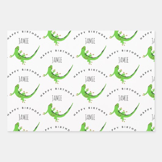 Gecko Lizard Reptile Birthday Custom Name Inpakpapier Vel (Voorkant)
