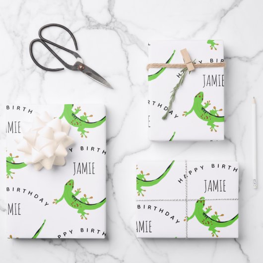 Gecko Lizard Reptile Birthday Custom Name Inpakpapier Vel (Voorkant)