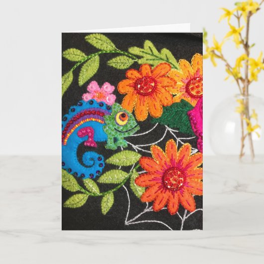 Gecko Lizard Stitched Felt Beads Sequins Kaart (Gele Bloem)