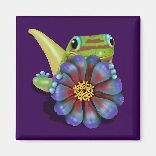 Gecko met Zinnia Bloem Magneet (Voorkant)