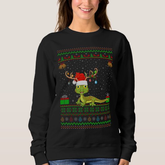Gecko Reindeer Santa Hat Matching Ugly Gecko Chri Trui (Voorkant)