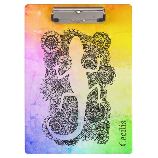 Gecko sitzt auf Mandala Blumen Klembord (Voorkant)