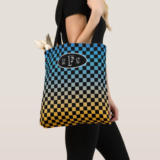Gecontroleerd blauw en geel zonnemonogram tote bag (Dichtbij)