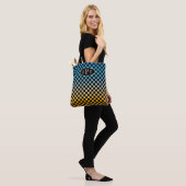 Gecontroleerd blauw en geel zonnemonogram tote bag (Op model)