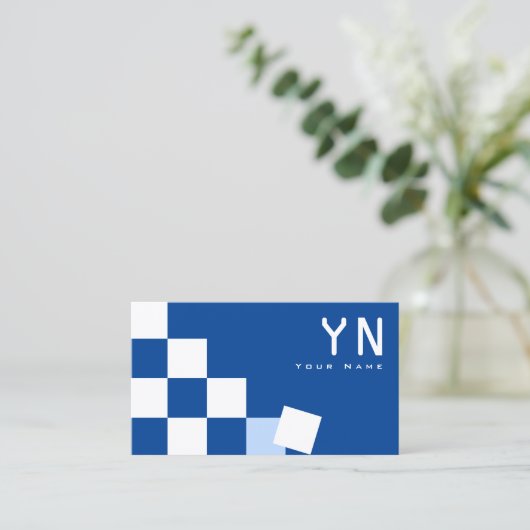 Gecontroleerd blauw en wit met monogram & foto visitekaartje (Staand voorkant)