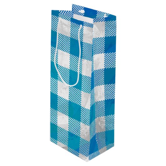 Gecontroleerd Buffalo Speld Blauw en Wit Wijn Cadeautas (Voorkant Gekanteld)