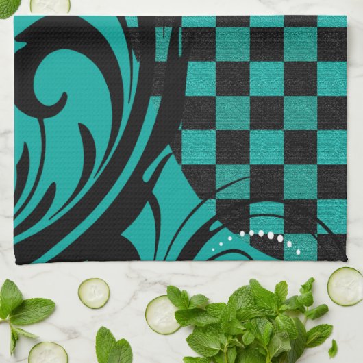 Gecontroleerd cirkelpatroon | Blauwgroen blauw, zw Theedoek (Gevouwen)