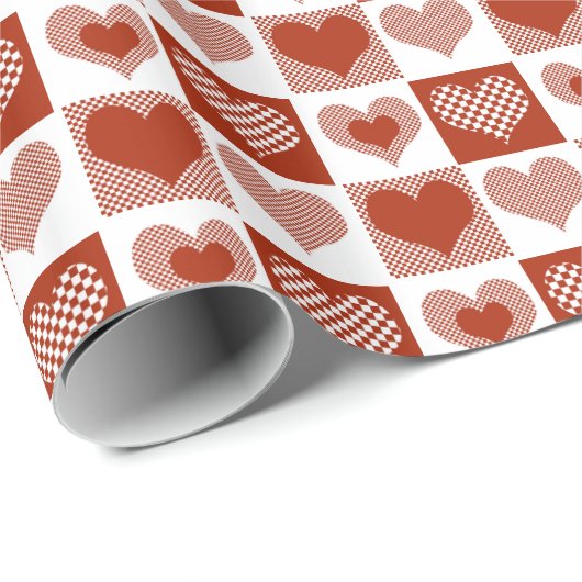 Gecontroleerd rood en wit hart Romantic Love Cadeaupapier (Rol Hoek)