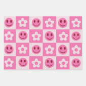 Gecontroleerde bloemen en vrolijke gezichten roze inpakpapier vel (Voorkant 3)