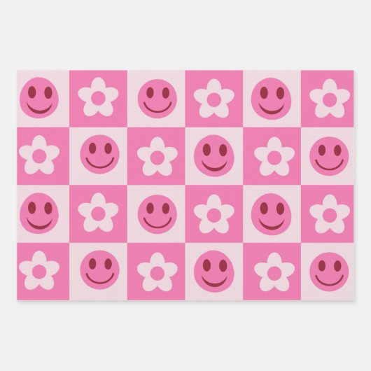 Gecontroleerde bloemen en vrolijke gezichten roze inpakpapier vel (Voorkant 3)