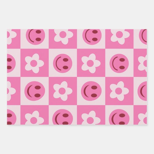 Gecontroleerde bloemen en vrolijke gezichten roze inpakpapier vel (Voorkant 2)