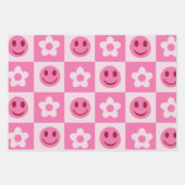 Gecontroleerde bloemen en vrolijke gezichten roze inpakpapier vel (Voorkant)