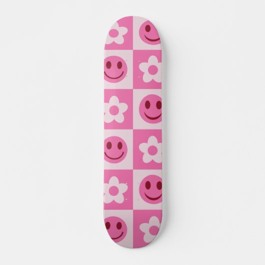 Gecontroleerde bloemen en vrolijke gezichten roze persoonlijk skateboard (Voorkant)