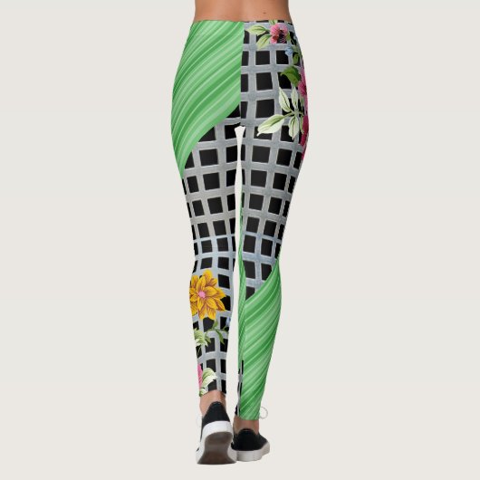Gecontroleerde Groene Floral Witte Leggings (Achterkant)