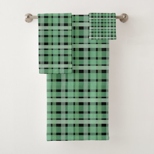 Gecontroleerde tartan groene strepen op zwart bad handdoek (Insitu)