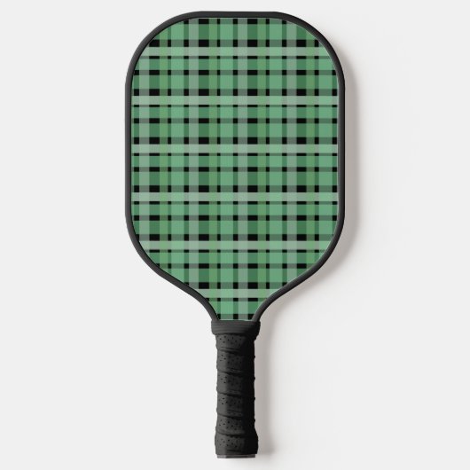 Gecontroleerde tartan groene strepen op zwart pickleball paddle (Voorkant)