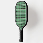 Gecontroleerde tartan groene strepen op zwart pickleball paddle (Links)