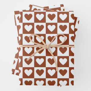 Gecontroleerde Terracotta Love Hearts Checkerboard Inpakpapier Vel