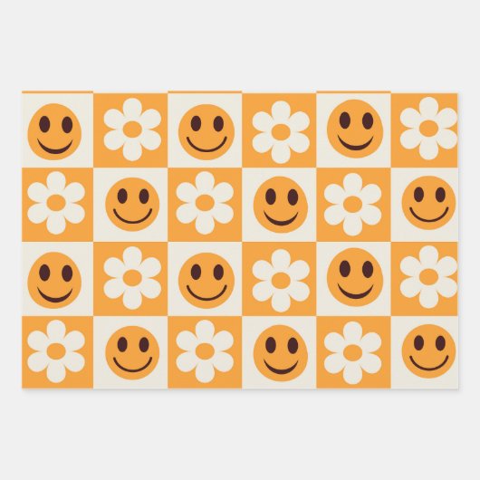 Gecontroleerde witte bloemen en oranje glimlachend inpakpapier vel (Voorkant 3)