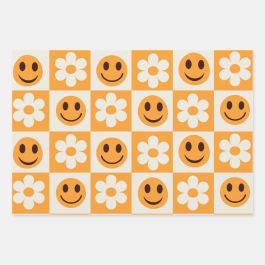 Gecontroleerde witte bloemen en oranje glimlachend inpakpapier vel (Voorkant 2)