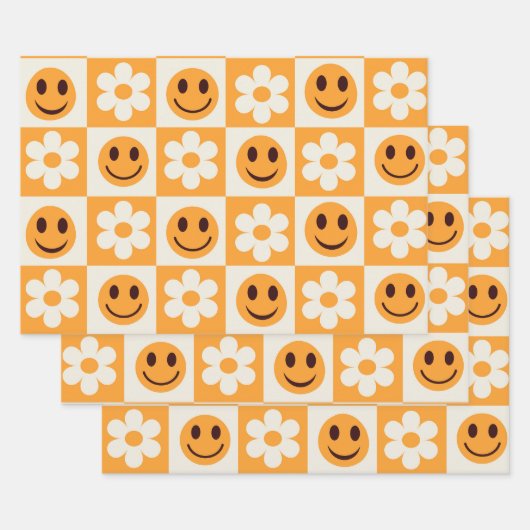 Gecontroleerde witte bloemen en oranje glimlachend inpakpapier vel (Set)