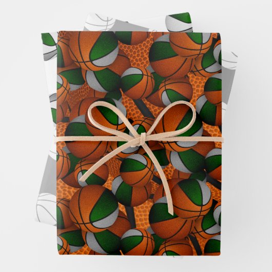 Gecoördineerde sport cadeau groen grijs basketbal inpakpapier vel (In situ)