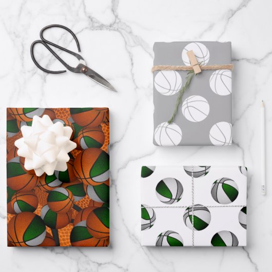 Gecoördineerde sport cadeau groen grijs basketbal inpakpapier vel (Voorkant)
