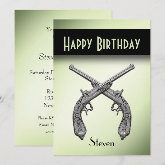 GeCrossed Pistols Birthday Party Invitation Kaart (Voorkant / Achterkant)