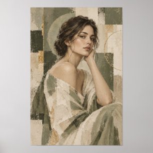 Gedachtzame Vrouw Portret Neutraal Abstract Muur Poster